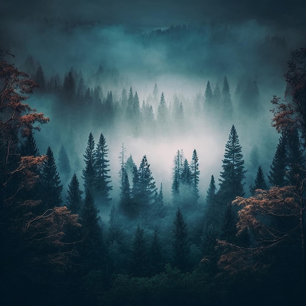 Foggy forest in the mountains