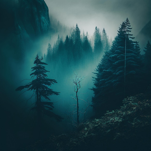 Foggy forest in the mountains