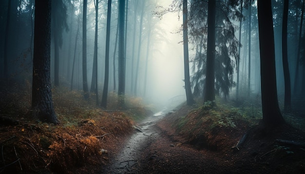 Foggy forest mystery spooky autumn adventure awaits generated by AI