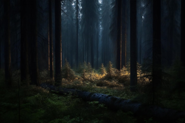 Foggy forest at night Dark moody forest with fog and light