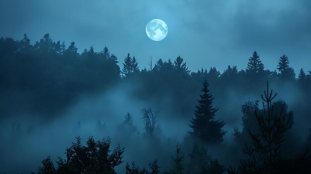 Photo foggy forest at night with full moon in the sky