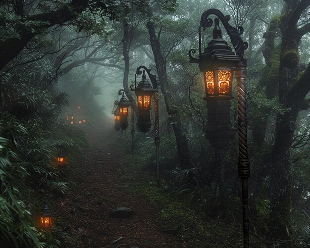 Foggy forest path lined with eerie glowing lanterns