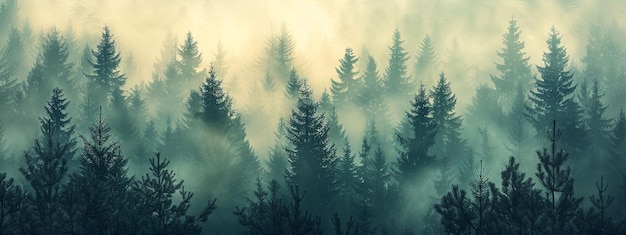 Foggy forest scene with fir trees vintage retro aesthetic