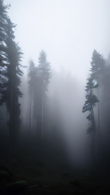 Photo foggy forest tall trees looming mist