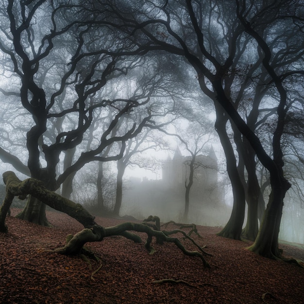 Photo a foggy forest with a building in the background