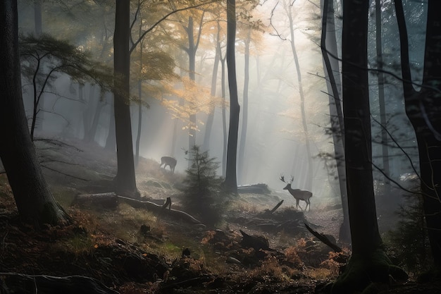 Foggy forest with glimpses of magical creatures hidden in the mist created with generative ai