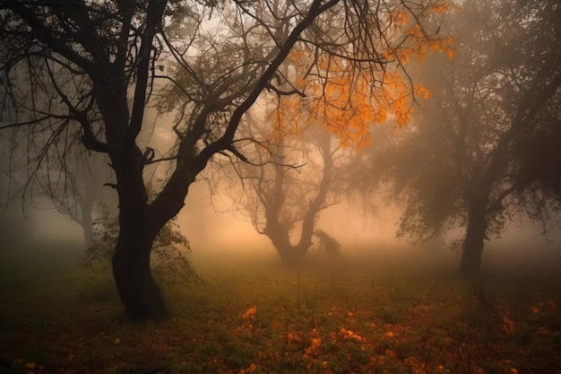 A foggy forest with a man in a hat and a tree in the foreground.