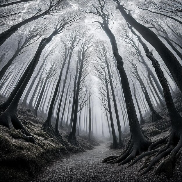 a foggy forest with a path leading to a foggy forest