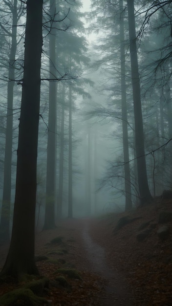 a foggy forest with a path leading to a trail