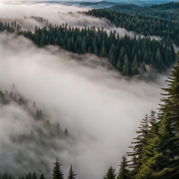 a foggy forest with pine trees in the background