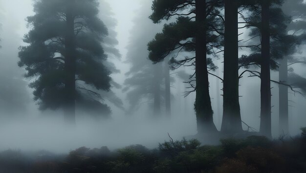 Photo a foggy forest with pine trees and fog in the background