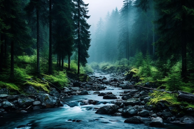 A foggy forest with a stream and a blurry background