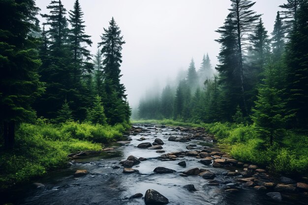 A foggy forest with a stream and a blurry background