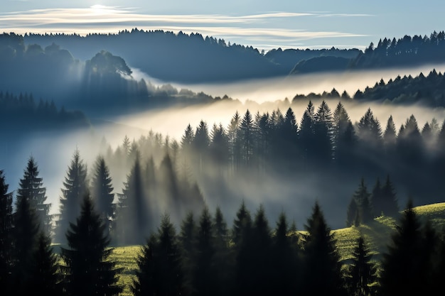 a foggy forest with trees and hills