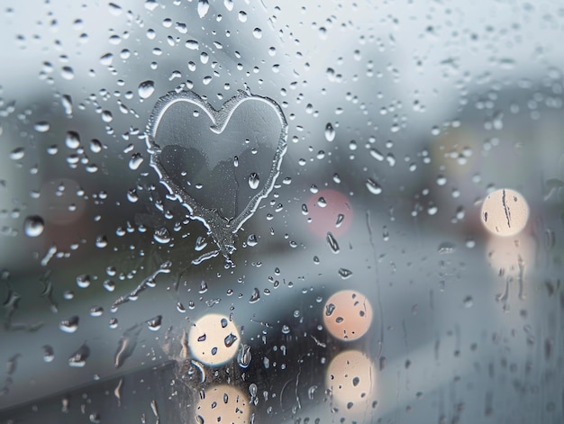 Photo foggy glass panel covered with flowing drops of water on the glass there is an image of a heart