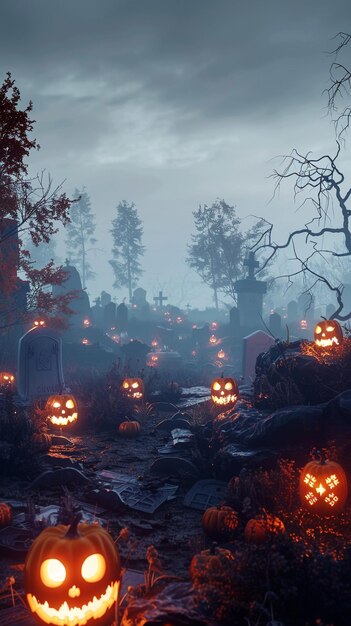 Foggy graveyard with glowing pumpkin lanterns scattered around