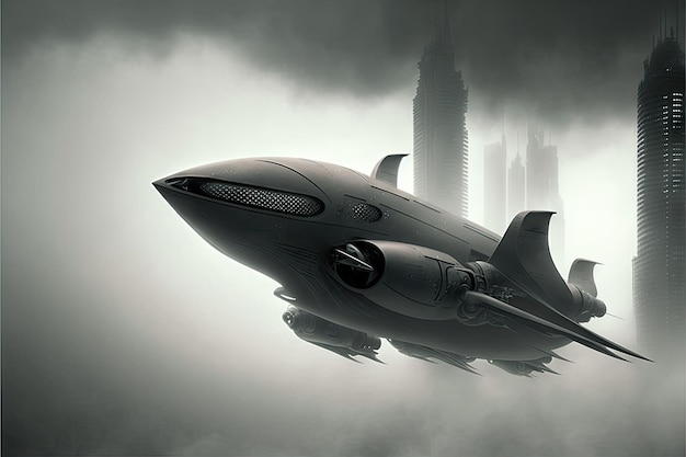 Foggy gray picture of futuristic flying urban transport created with generative ai