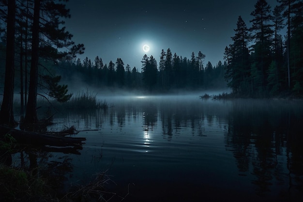 Photo foggy lake at night in the mountains full moon