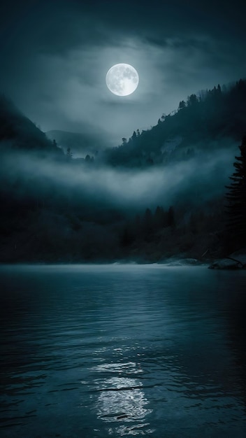 Photo foggy lake at night in the mountns full moon