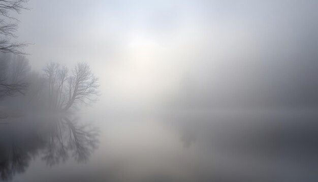 Photo a foggy lake in winter in the pacific northwest shrouded in mist with bare trees lining the shore