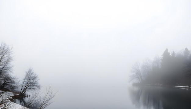 Photo a foggy lake in winter in the pacific northwest shrouded in mist with bare trees lining the shore