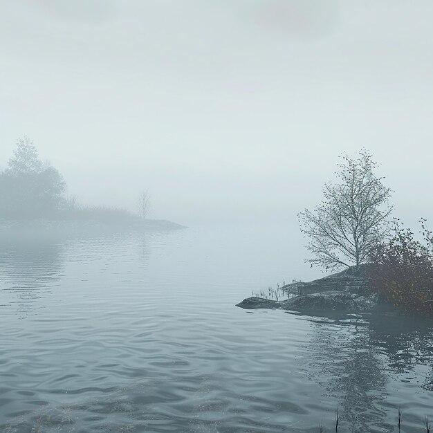 Photo a foggy lake with a tree and a small boat in the water