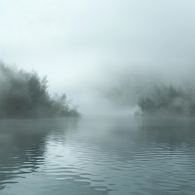 Photo a foggy lake with trees and a boat in the water