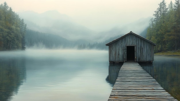 Photo foggy lakeside dock with wooden cabin generative ai