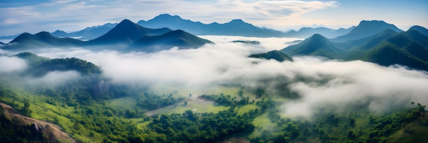 Foggy landscape in the jungle Fog and cloud mountain tropic valley landscape aerial view wide mis