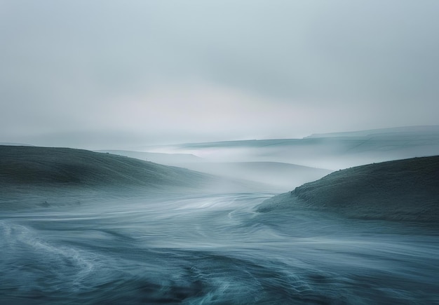 Photo foggy landscape serene misty shoreline