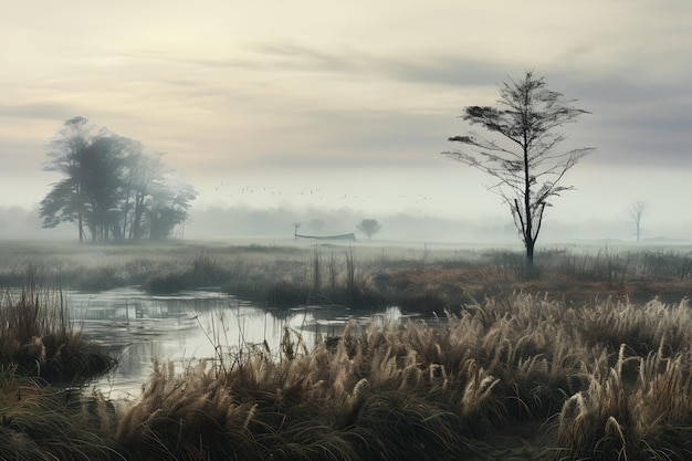 foggy landscape small pond trees distance still entertainment arrival architectural digest marshes