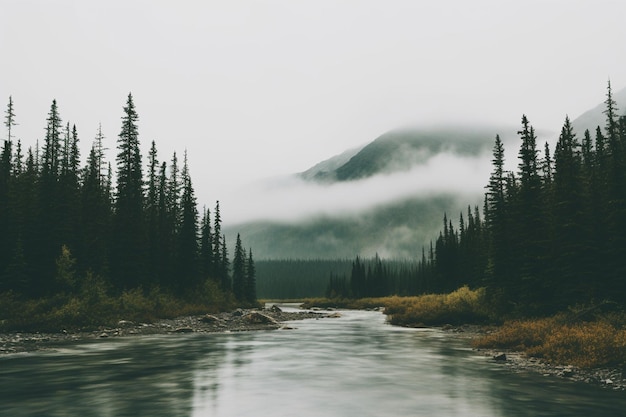 A foggy landscape with a blurry background