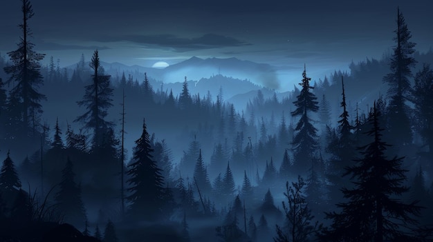 Foggy landscape with coniferous forest and mountains at night