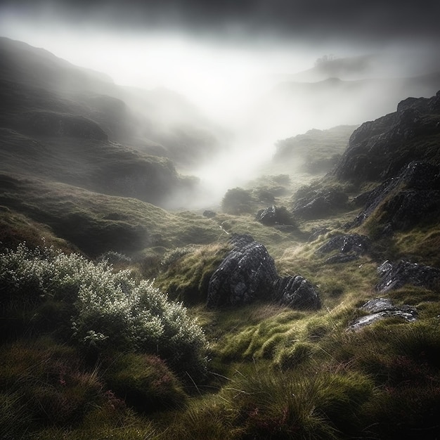 A foggy landscape with a rocky hillside and a green field with the words " the word " on it. "