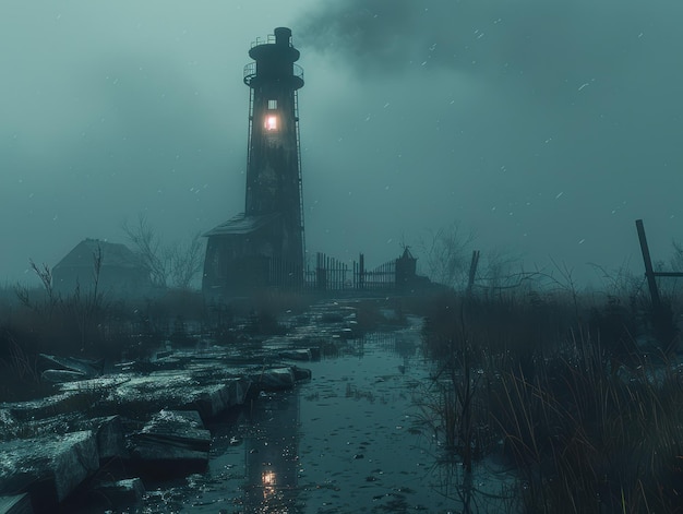 Foggy Lighthouse Amidst Abandoned Landscape at Dusk