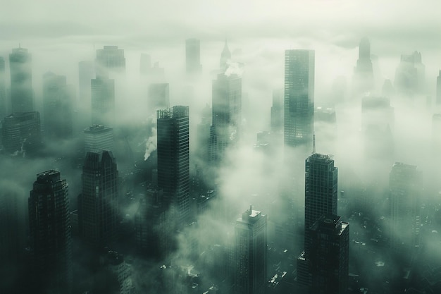 Foggy metropolis with buildings piercing through t generative ai