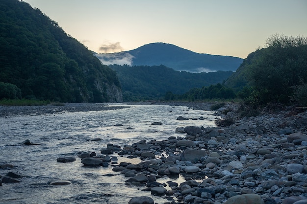 Foggy morning by the mountain river Ashe