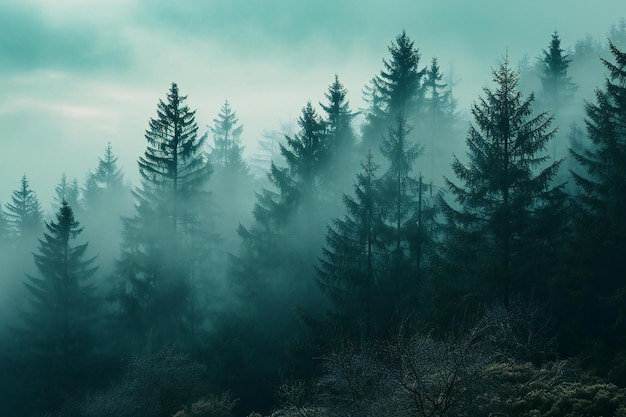 Foggy morning in the coniferous forest Carpathians Ukraine