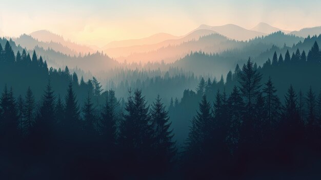 Foggy morning in the coniferous forest Panoramic view