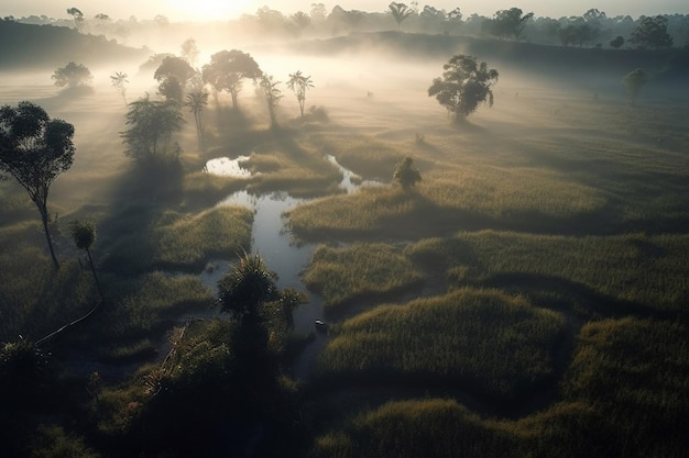 A foggy morning in the field with a river in the foreground.