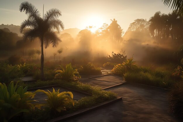 A foggy morning in the jungle with a tree in the foreground and a few palm trees in the background.