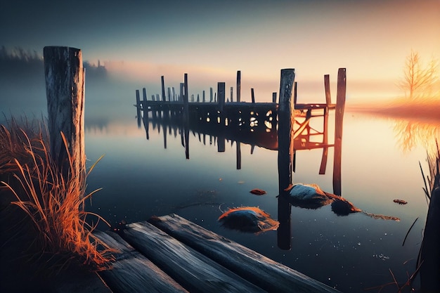 Foggy morning on the lake Beautiful autumn landscape with wooden piergenerative ai