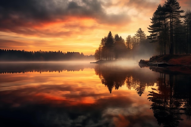 Foggy morning on the lake Colorful autumn landscape Morning glow and coniferous forest reflected in the lake surface