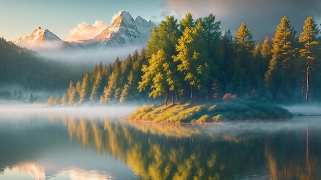 Foggy morning at the lake Landscape with fir forest and mountains