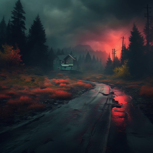 Foggy morning in the mountain village 3d illustration