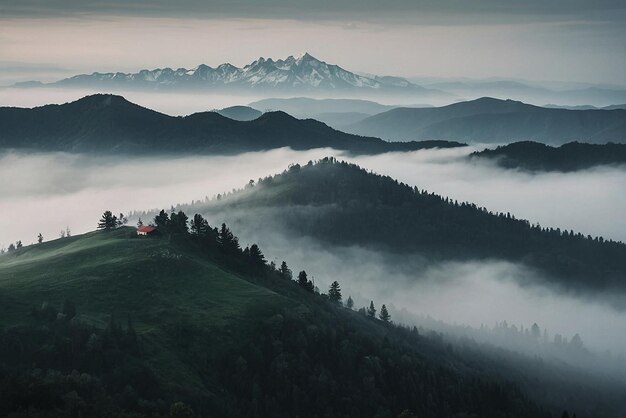 Photo foggy morning in the mountains landscape with fog in the mountains