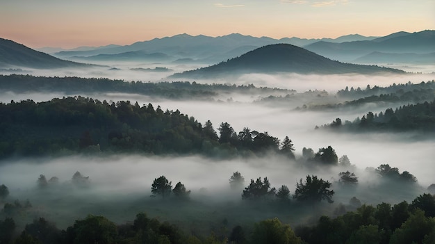 a foggy morning in the mountains