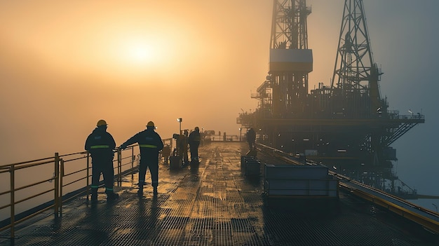 Photo foggy morning on an oil platform with workers preparing for day