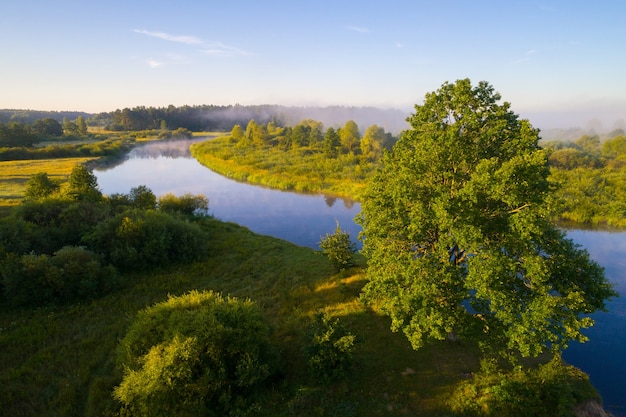 Foggy morning at the river Nioman, Belarus. Aerial photo