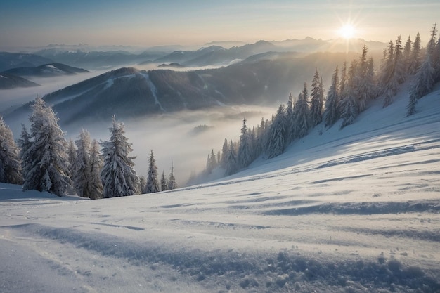 Foggy morning on a ski slope